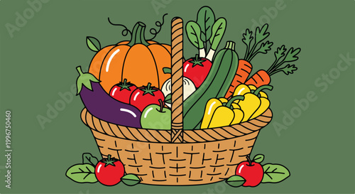 A colorful basket overflowing with various fresh vegetables and fruits