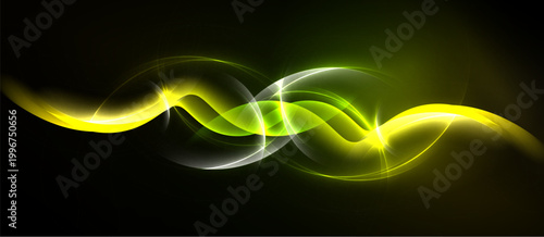 Abstract yellow waves flow across black background. Bright light creates dynamic, glowing effect. Smooth curves suggest energy, motion.
