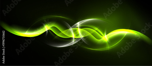 Abstract luminous waves flow across dark background. Bright green, yellow hues create dynamic visual effect. Smooth curves suggest energy, motion.