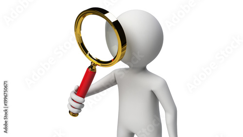 Fotografía White 3D man holding a golden magnifying glass with red handle, isolated on tran