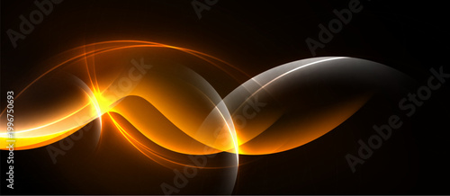 Abstract design features flowing orange light curves against dark background. Bright starburst effect adds dynamic visual interest.