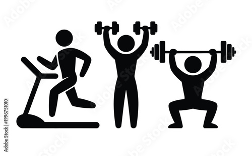 Fitness icon set with people exercising with dumbbells and treadmill