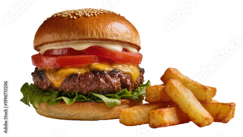 Φωτογραφία Juicy cheeseburger with fresh lettuce and tomato slices served with golden frenc