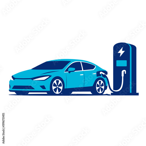 Minimalist flat vector design of a modern electric sedan charging at a sleek station