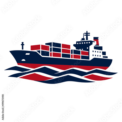 Commercial logistics cargo ship sailing on simplified geometric waves