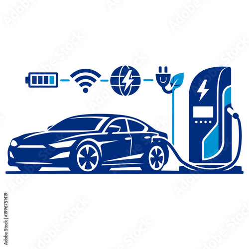 Sleek modern electric sedan connected to a futuristic charging station