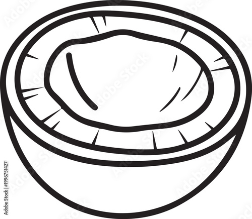 Half coconut fruit icon for tropical food and nutrition concepts featuring simple black outline drawing style on a clean white background vector graphic