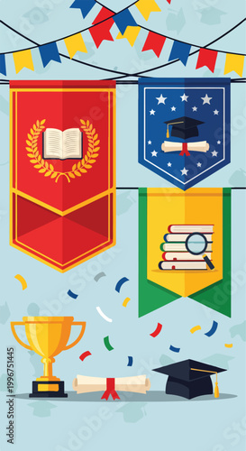 Colorful graduation celebration with banners and symbols