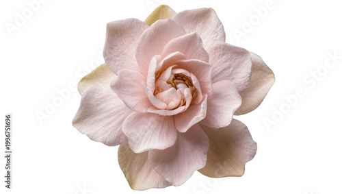Billede på lærred Delicate pale pink gardenia flower with layered petals, isolated on transparent