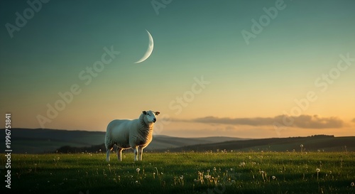 A white sheep stands in a grassy field under a crescent moon and golden sunset sky in this peaceful landscape