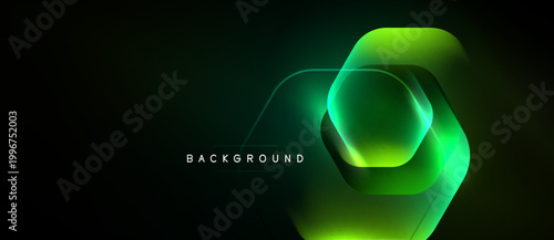 Dark backdrop features glowing hexagonal layers. Vibrant green hues create modern, abstract visual effect. Text reads background.