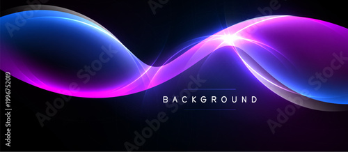 Abstract design features flowing blue, purple light curves. Bright central glow emphasizes dynamic energy, dark background.