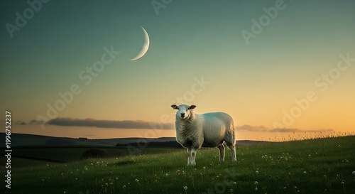 Spiritual and peaceful image of a sheep standing in a field under a crescent moon, perfect for religious holiday greetings.