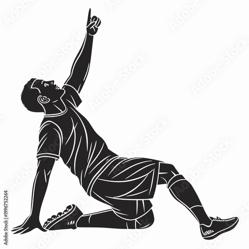 Soccer player celebration vector silhouette, football athlete sliding on knees after scoring goal, black and white sports illustration of male striker pointing to the sky