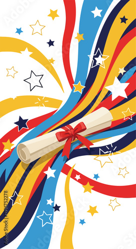 Colorful graduation celebration with diploma and stars