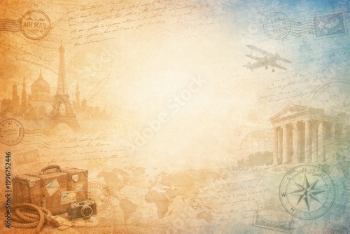 Travel concept background, with a vintage, suitcase, camera, compass, and map overlay, featuring iconic landmarks, like the eiffel, tower in sepia tone