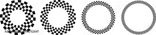Black and white checkered racing flag pattern round circle border frames vector illustration set for motorsport championship award and emblem design.