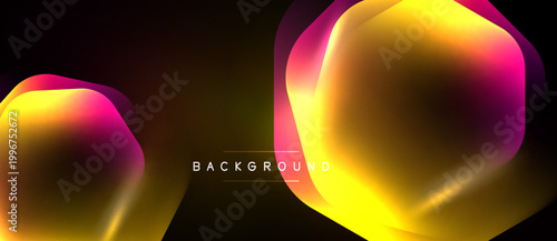 Abstract shapes, vibrant colors blend. Gradient effect creates dynamic visual impact. Dark background emphasizes luminosity. Modern design element.