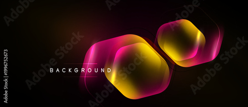 Abstract hexagons glow, vibrant colors blend. Dark background emphasizes luminous shapes, creating modern visual impact.
