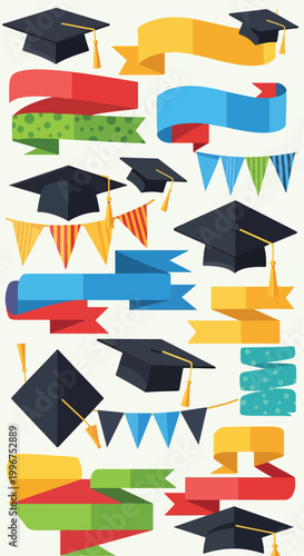 Colorful graduation icons and ribbons on white background
