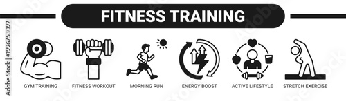 Fitness Training web banner icon vector illustration concept with icons of gym training, fitness workout, morning run, energy boost, active lifestyle, and stretch exercise. 
