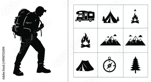 Silhouette of a hiker next to a camping and outdoor adventure icon collection