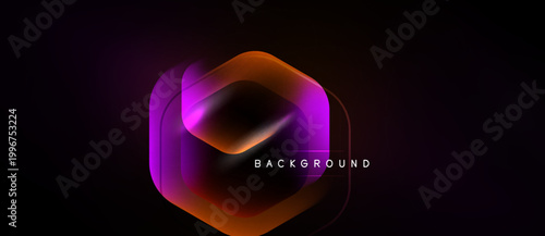 Abstract hexagon design. Vibrant gradients blend purple, orange hues. Dark background emphasizes glowing shape, modern aesthetic.