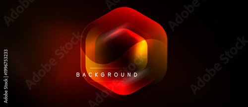 Hexagon layers create vibrant neon effect. Red, orange, yellow hues dominate dark background. Modern design element.
