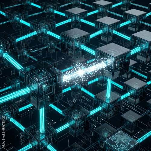 Vibrant Blue Light Energy Connecting Abstract Glass Cubes In A Futuristic 3D Render
