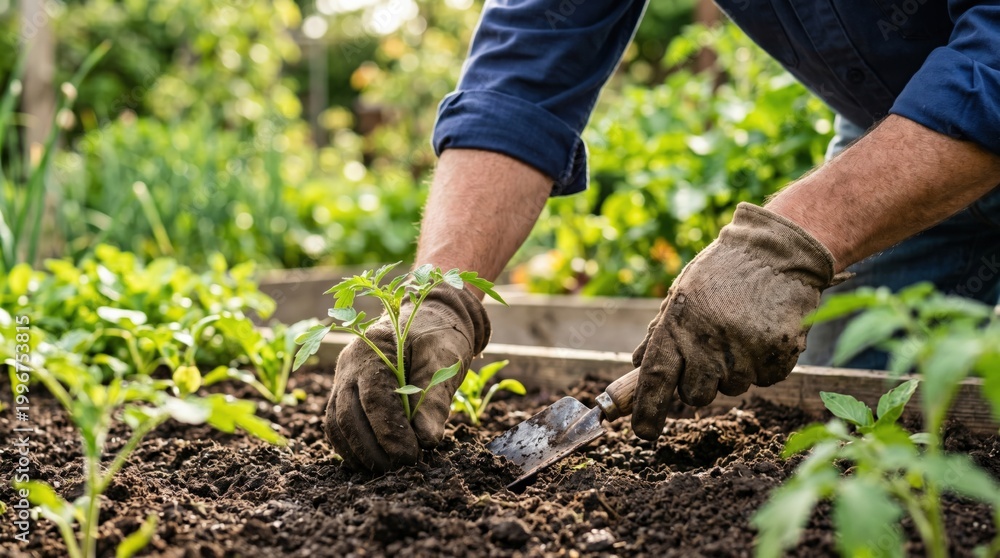 Fototapeta premium Mature male gardener transplanting organic vegetable seedling in sustainable backyard raised bed
