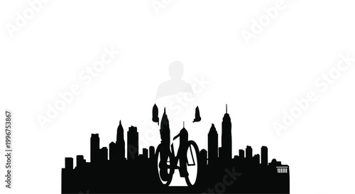 Silhouette of a cyclist riding through a modern city skyline for urban travel concept