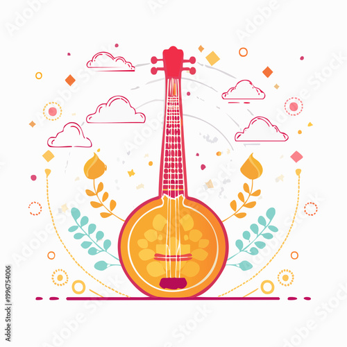 Stylized Illustration of a Sitar with Floral and Cloud Elements