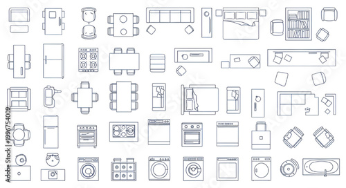 Minimalist furniture line icons for 2D architectural house blueprints and floor plans