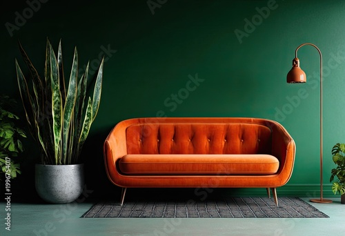 Modern living room with orange couch, green wall, and potted plants