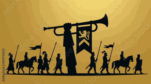 Medieval warriors on horseback march to war with flags and horn