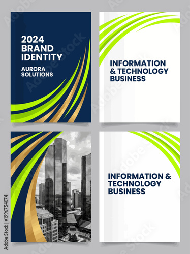 A collection of business brochures with a modern brand identity design for information and technology companies