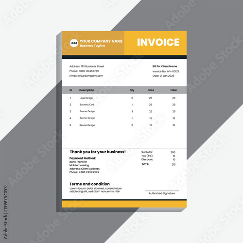 A modern and professional invoice template design featuring a clean layout, minimal typography, and corporate branding style. This design is ideal for businesses, freelancers, agencies, and startups l
