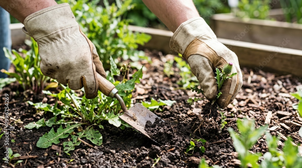 Fototapeta premium Adult hands in gloves removing weeds from organic soil in a raised garden bed with a trowel
