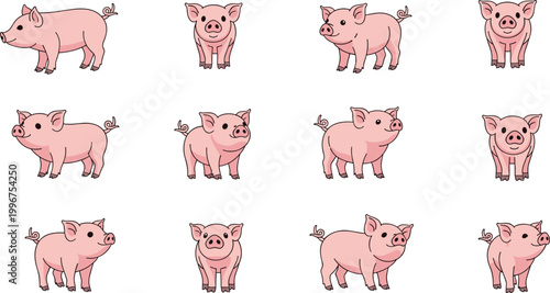 Set of Cute Piglet Illustrations Featuring Small Pink Pigs in Various Playful Poses Including Standing Walking and Sitting for Farm Theme and Kids Creative Graphic Designs