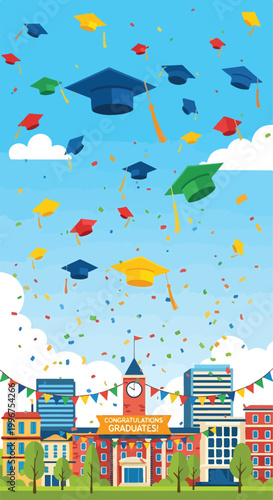 Colorful graduation scene with confetti and caps
