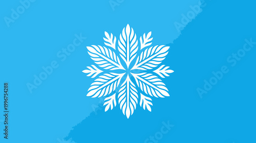 A large white snowflake forms on a blue winter background
