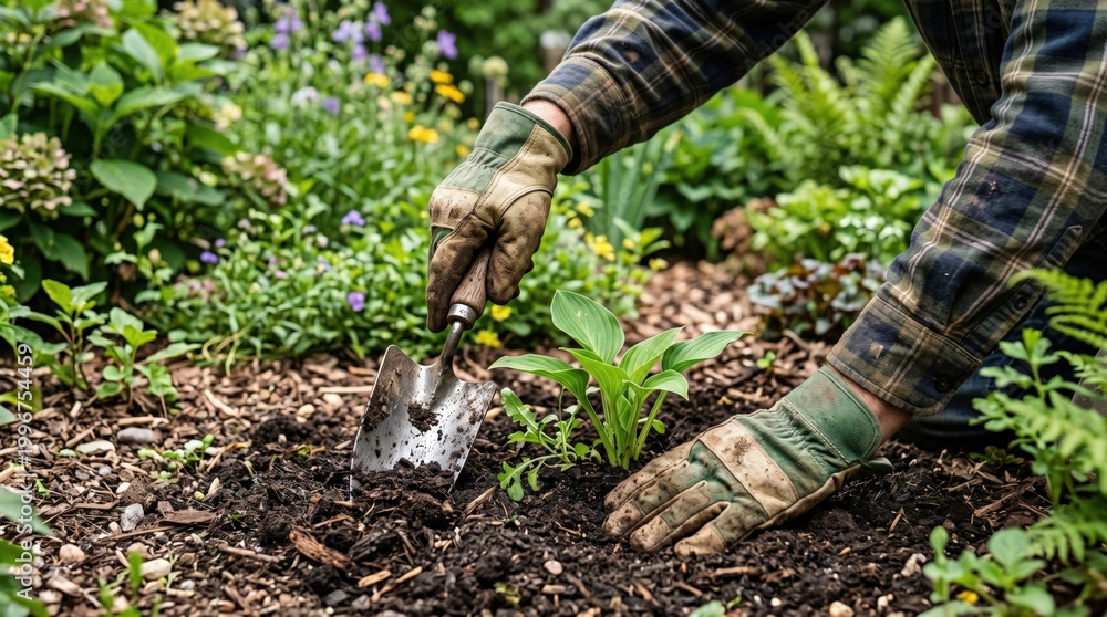 Fototapeta premium Senior male gardener planting a young hosta in rich dark mulch using a hand trowel in a summer garden.