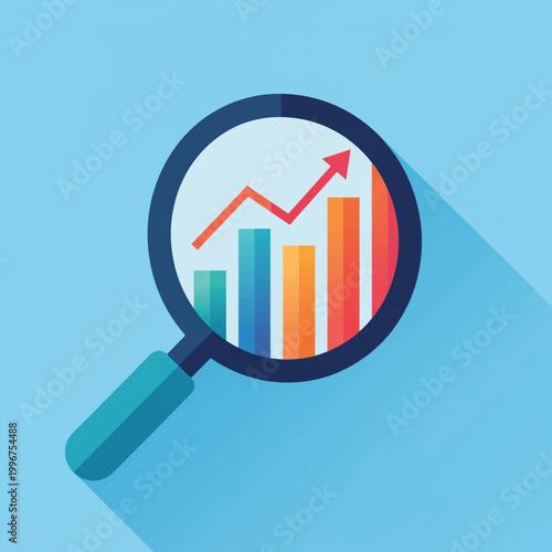 A magnifying glass is focused on a colorful bar graph with an upward trend