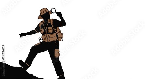 Explorer silhouette with magnifying glass searching on a hill for discovery concept