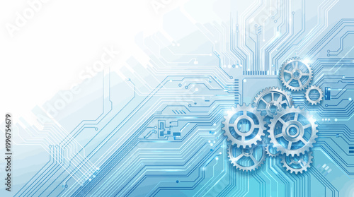 A futuristic circuit board with metallic gears and wires on a blue and white background