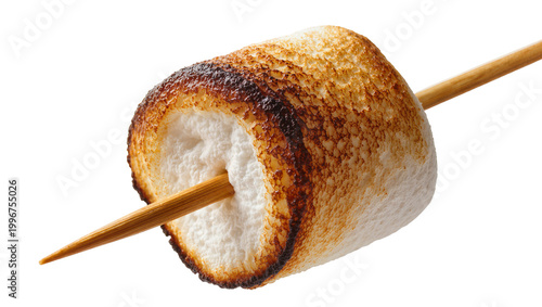 Tableau sur toile Toasted marshmallow on wooden skewer golden brown with dark char spots, isolated