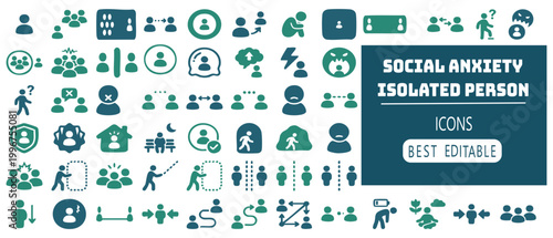Collection of social anxiety and isolation concept icons representing different human interactions and emotions.