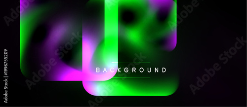 Abstract vibrant design. Fluid shapes blend purple, green hues. Dark background emphasizes glowing elements. Modern aesthetic.