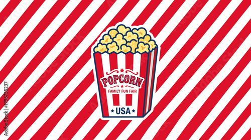 Vibrant Popcorn Bucket Illustration with Red and White Stripes