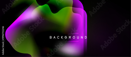 Abstract fluid shapes blend, creating vibrant purple, green hues over black backdrop. Text reads background. Modern design element.